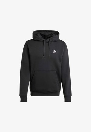 Musta huppari, joka on valmistettu pehmeästä kankaasta, sisältää kengurun taskun, ribbadut hihansuupäät ja valkoisen Adidas-logon rinnassa.