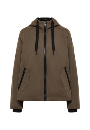 Veste à capuche vert olive avec fermeture éclair noire et cordons, deux poches avant zippées, et poignets noirs côtelés.