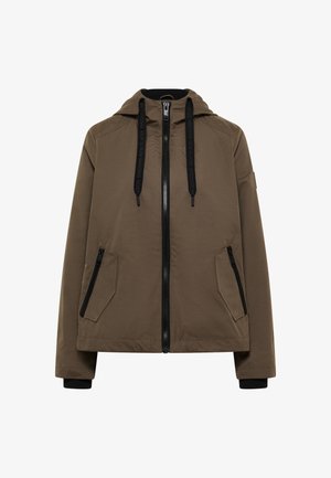 Veste à capuche vert olive avec fermeture éclair noire et cordons, deux poches avant zippées, et poignets noirs côtelés.