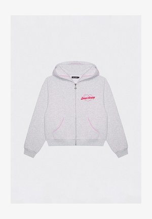 Szara bluza z zamkiem błyskawicznym i różowymi akcentami, z kieszeniami z przodu oraz haftowanym tekstem w kształcie serca. Miękki materiał z ściągaczami przy mankietach i u dołu.