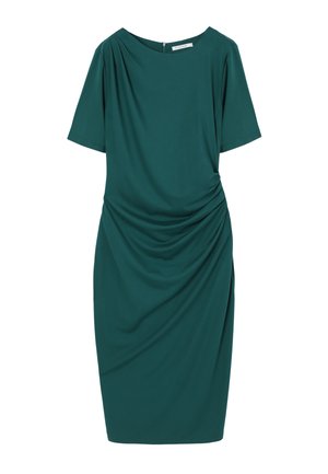 Tirkīzzila īsrokas kleita no gludas auduma ar apaļu kakla izgriezumu, sānu rufēm un muguras rāvējslēdzēja aizdari.