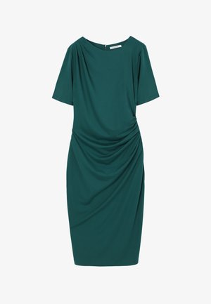 Tirkīzzila īsrokas kleita no gludas auduma ar apaļu kakla izgriezumu, sānu rufēm un muguras rāvējslēdzēja aizdari.