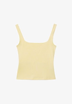 Haut court beige sans manches à encolure carrée avec larges bretelles, silhouette ajustée et tissu uni lisse.