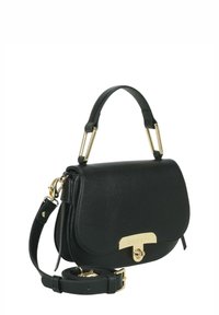 Borsa a mano in pelle nera con texture martellata, dettagli in metallo dorato, manico superiore e tracolla rimovibile. Dotata di chiusura a scatto.