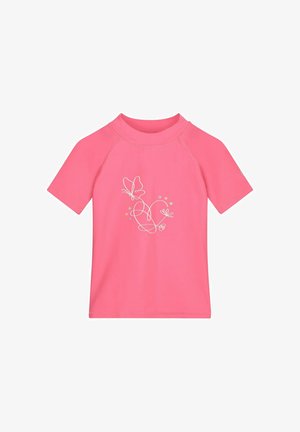 Maglietta rosa a maniche corte con scollo rotondo, con un disegno a linee bianche di una farfalla, un fiore e puntini colorati al centro anteriore.