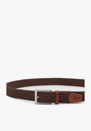 Brown woven fabric belt with silver metal buckle and leather loop, featuring a small leather patch with embossed animal logo.