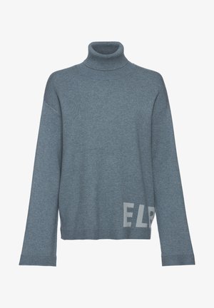 Blauwe coltrui gemaakt van zachte knit stof, met ingezette schouders en een grijze "ELP" graphic aan de onderkant links.