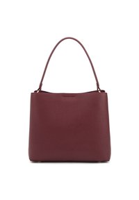 Borsa a tracolla in pelle bordeaux con finitura testurizzata, forma rettangolare e una sola maniglia per la spalla. Accenti in hardware color oro. Senza loghi visibili.