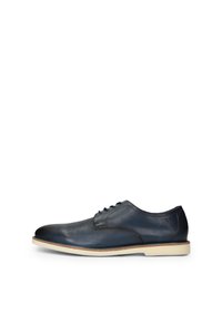 Pantofii din piele de culoare bleumarin, cu vârful rotund, design simplu, cu șireturi cu cinci ochiuri și talpă din cauciuc de culoare deschisă.