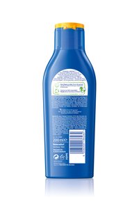 Blue plastic bottle with a yellow flip-top lid, featuring back label with text and eco-icons, 200 ml capacity, recyclable material.