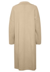 Beige lange cardigan met een oversized pasvorm, voorzien van een kraag, verlaagde schouders en een rechte zoom; gemaakt van een zachte, textuurstof.