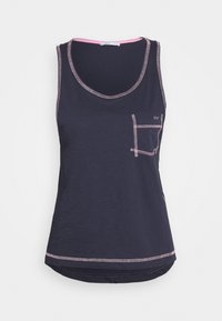 Marineblauw tanktop met een ronde halslijn, roze accent en een klein borstzakje. Zachte stof met contrasterende stiksels.