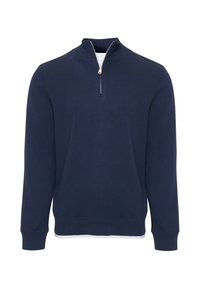 Navyblaues Viertelreißverschluss-Sweatshirt mit gerippten Bündchen und Saum, auf einem weißen Hintergrund präsentiert.
