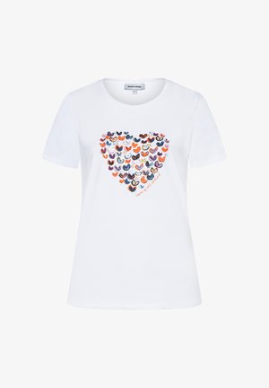 White short-sleeve T-shirt with colorful heart pattern forming a larger heart and "love is all around" text on front center.