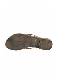 Sole di sandalo marrone con un pattern testurizzato che presenta motivi floreali e una forma a diamante. Finitura liscia con una leggera curvatura sul tallone.