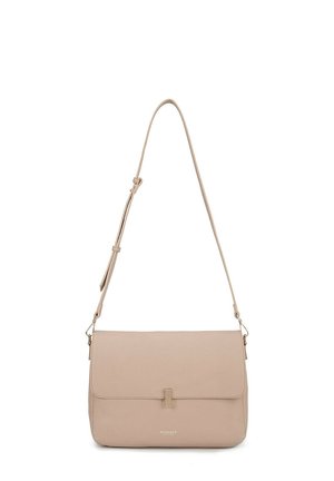 Borsa a tracolla in pelle beige con chiusura a patta, tracolla regolabile e dettagli del logo discreti. Texture liscia con minimi accessori in metallo.