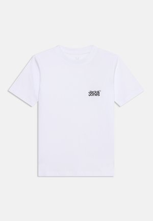 T-shirt blanc à manches courtes avec col rond et petit logo noir "Jack & Jones" sur la partie gauche de la poitrine.