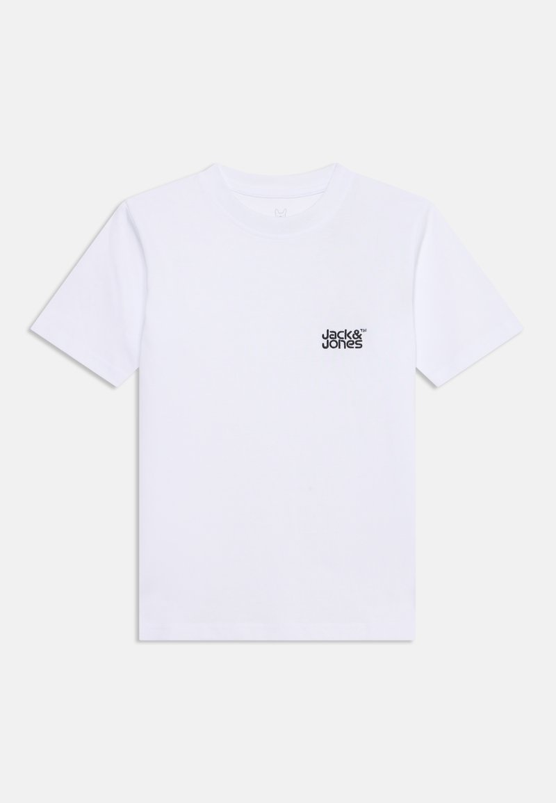 Λευκό κοντομάνικο T-shirt με στρογγυλή λαιμόκοψη και μικρό μαύρο λογότυπο "Jack & Jones" στο αριστερό μέρος του στήθους.