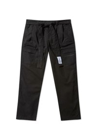 Sorte cargo-bukser lavet af et holdbart materiale, med belted talje, fire lommer og lige ben.
