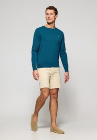 Türkisfarbener Baumwollpullover mit langen Ärmeln, kombiniert mit beigen Shorts. Das Model trägt hellbraune Slipper und steht vor einem neutralen Hintergrund.
