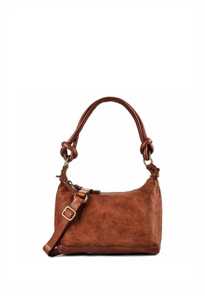 Sac bandoulière en cuir marron avec poignée supérieure nouée aux deux extrémités et une sangle réglable à boucle, présenté sur fond blanc.
