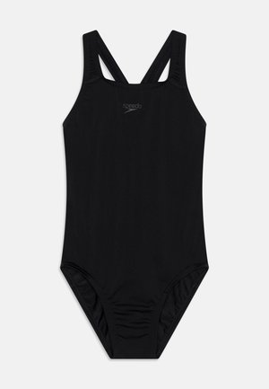 Maillot de bain noir avec un design à dos nageur, fabriqué en tissu lisse. Présente des fronces subtiles sur les côtés et un petit logo sur la poitrine.