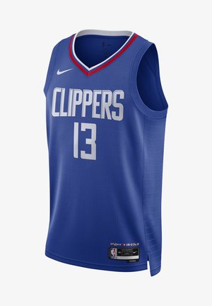 Maillot NBA bleu avec accents rouges, arborant le mot "CLIPPERS" et le numéro "13" en blanc. Confectionné en tissu texturé, design sans manches.