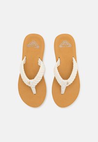 Braided white fabric thong flip-flops with a brown faux suede footbed and embossed logo on the top surface. Flat sole design.