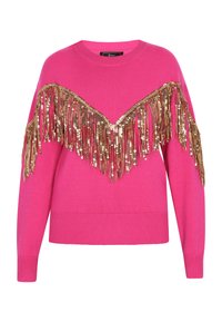 Roze trui met een ronde halslijn en lange mouwen, voorzien van een gouden franjesdetail over de borst, wat een textuur en gelaagd uiterlijk geeft.