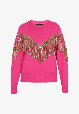 Maglione rosa con scollatura rotonda e maniche lunghe, caratterizzato da un dettaglio in frange dorate sul petto, che conferisce un aspetto testurizzato e stratificato.