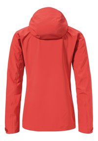 Red waterproof jacket with a hood, featuring long sleeves, a smooth texture, and a sleek design, suitable for outdoor activities.