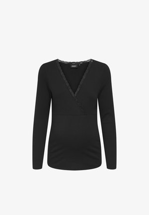 Čierny top s dlhými rukávmi a výstrihom do V, ktorý má čipkovaný lem, ribbovanú textúru a priliehavý strih. Značka je viditeľná vo vnútri výstrihu.
