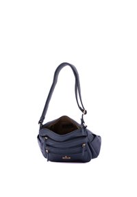 Navy blue handbag made of textured leather with a single shoulder strap, two front zip pockets, and a spacious interior. Gold-tone accents.