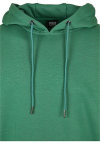 Grüner Hoodie aus weichem Stoff, mit Kapuze und Kordelzug sowie metallischen Ösenakzenten. Verfügt über ein schlichtes Design und eine lockere Passform.