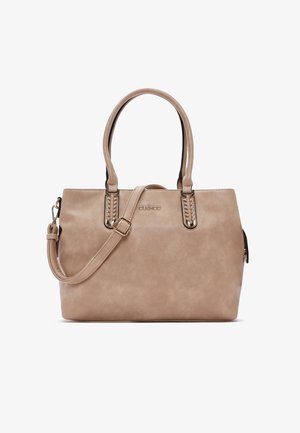 Beige synthetic handbag with two sturdy top handles, removable shoulder strap, and decorative stitching details on the handles.