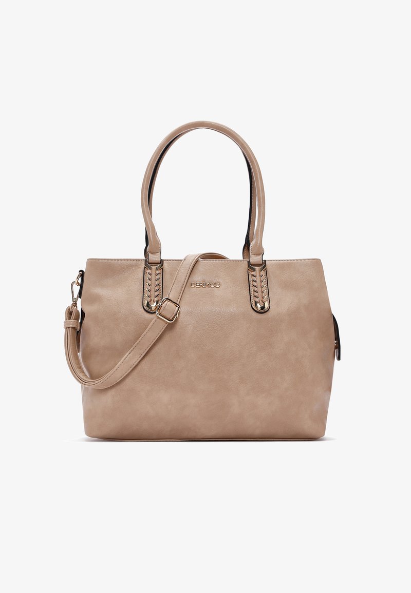 Borsa a tracolla sintetica beige con due manici superiori resistenti, tracolla rimovibile e dettagli di cucitura decorativa sui manici.