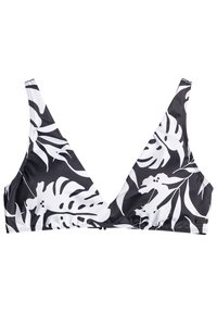 Čierny a biely bikini top so strihom do V, s palmovým vzorom a nastaviteľnými ramienkami. Vyrobený z hladkého, pružného materiálu.