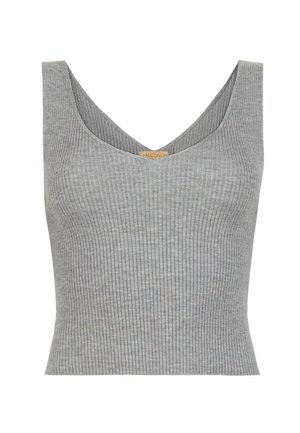 Sleeveless gray ribbed knit crop top with a V-neck and wide shoulder straps, made from soft, stretchy fabric.