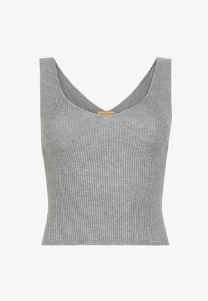 Sleeveless gray ribbed knit crop top with a V-neck and wide shoulder straps, made from soft, stretchy fabric.