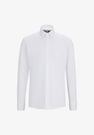 Camisa branca de mangas compridas feita de algodão, com colarinho abotoado, fechamento frontal com botões e um pequeno logotipo no peito.