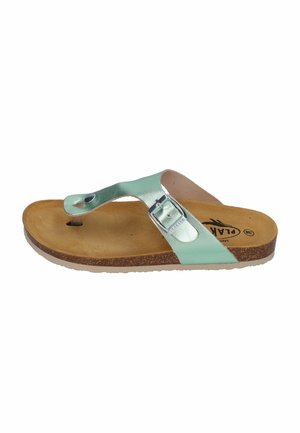 Green metallic thong sandal with a buckle, brown cork footbed, and a light tan sole. Designed for comfort and casual wear.