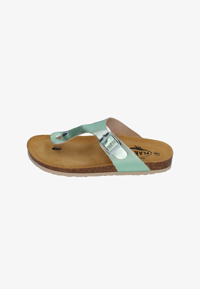 Green metallic thong sandal with a buckle, brown cork footbed, and a light tan sole. Designed for comfort and casual wear.
