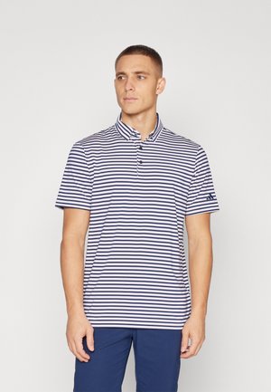 Randig pikétröja i marinblått och vitt med krage, tre knappar i placket, korta ärmar och en liten logotyp på vänster ärm.