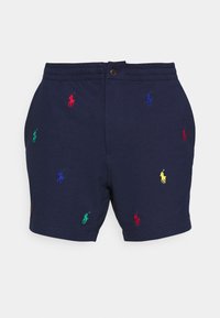 Pantalones cortos marinos con cintura elástica y cierre de botón, con bordado de logotipo de polo multicolor en rojo, verde, azul y amarillo.
