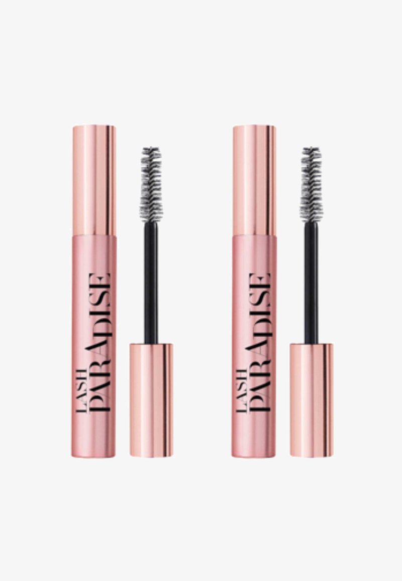 Des tubes de mascara avec une finition métallique rose, du texte noir "LASH PARADISE" et deux applicateurs spiralés noirs. Design cylindrique lisse, taille compacte.