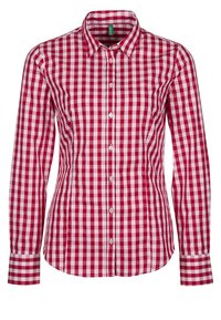 Camicia a maniche lunghe a quadretti rossi e bianchi con colletto classico, chiusura a bottoni sul davanti e polsini. Realizzata in tessuto leggero.