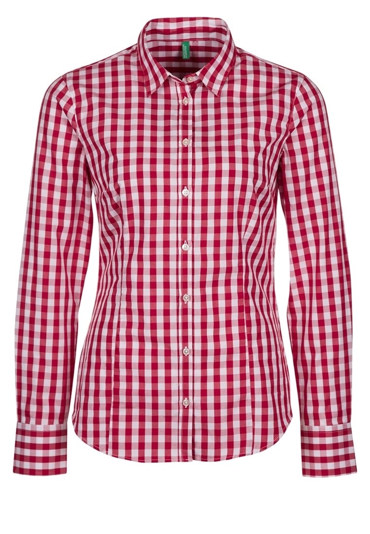 Camicia a maniche lunghe a quadretti rossi e bianchi con colletto classico, chiusura a bottoni sul davanti e polsini. Realizzata in tessuto leggero.