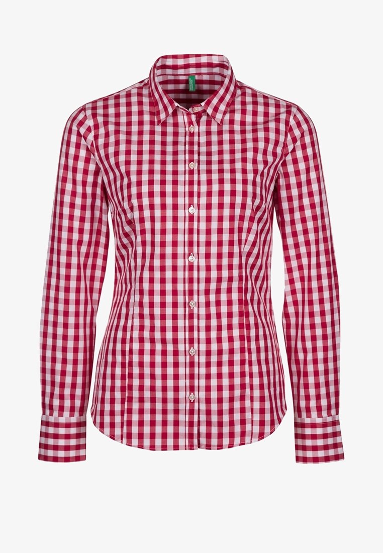 Camicia a maniche lunghe a quadretti rossi e bianchi con colletto classico, chiusura a bottoni sul davanti e polsini. Realizzata in tessuto leggero.