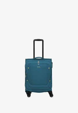 Teal rolling suitcase with a hard shell, black retractable handle, four wheels, and zippered front pocket. Accents include yellow hardware.