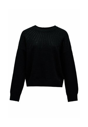 Pull noir à manches longues en maille avec un col rond côtelé et un subtil détail vertical perforé sur la poitrine.